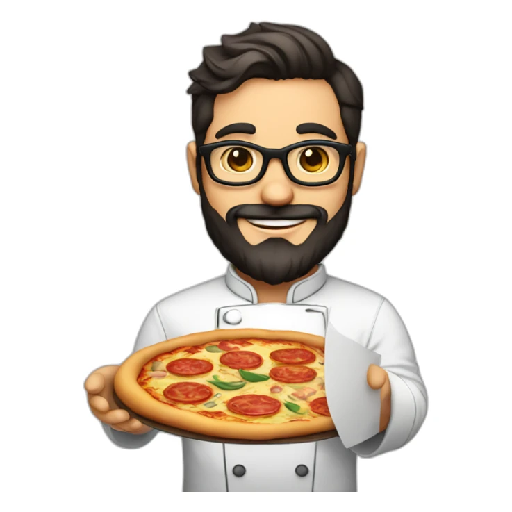 Dark haired 30 years old chef with beard and big glasses proudly holding a pizza sticker