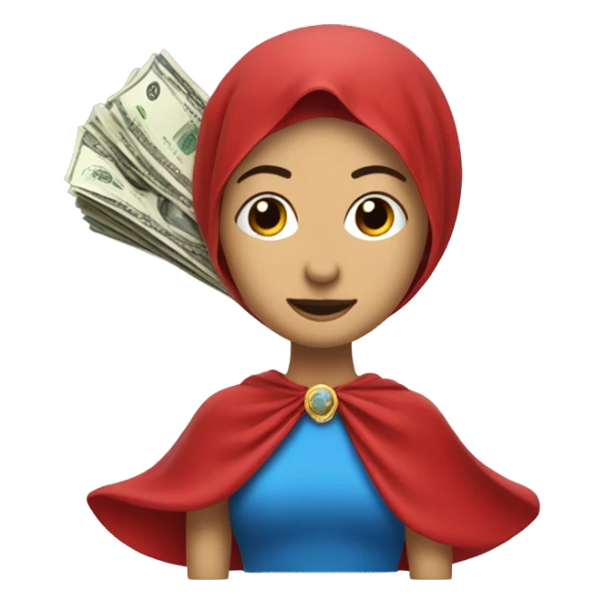 Spouse with blue veil, red dress, halo and flying money underneath sticker