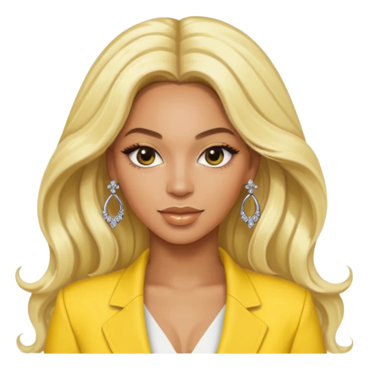 Beyonce with long platinum blonde hair, yellow outfit and earring sticker