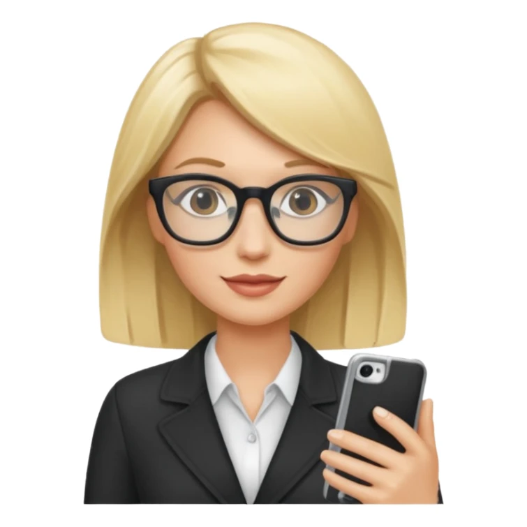 Blonde marketing agent with phone and glasses sticker