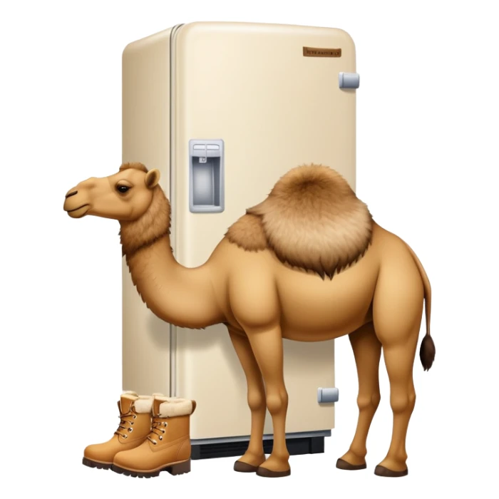 A white refrigerator with a camel head sticking out from the top and four camel legs with Timberland boots coming out from the bottom sticker