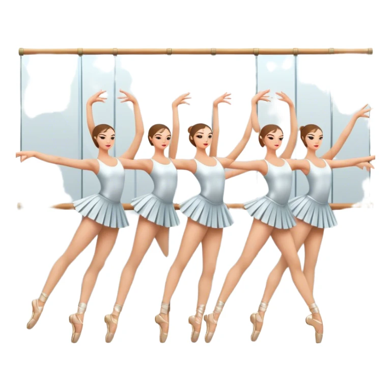 Icon for Choreography: a group of dancers in identical poses, standing by a wall with all wall long mirror, holding a long barre with one hand. The icon should capture the discipline and synchronized movement of dance training. Transparent background. sticker
