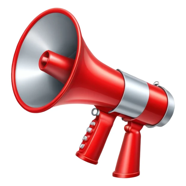 A detailed megaphone with a metallic body and glossy red cone sticker