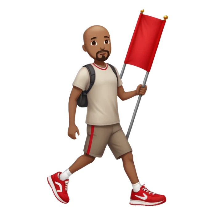 Bald black man with a white goatee in sneakers carrying a red flag sticker
