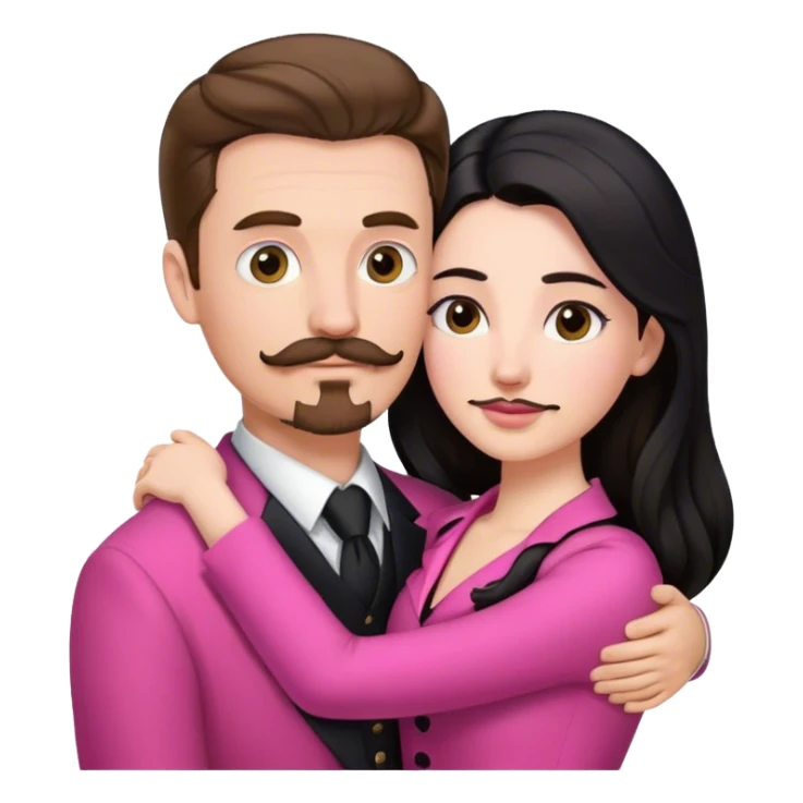 tall white man with brown hair goatee mustache hugging a pale woman with long black hair, wearing pink formal clothing sticker