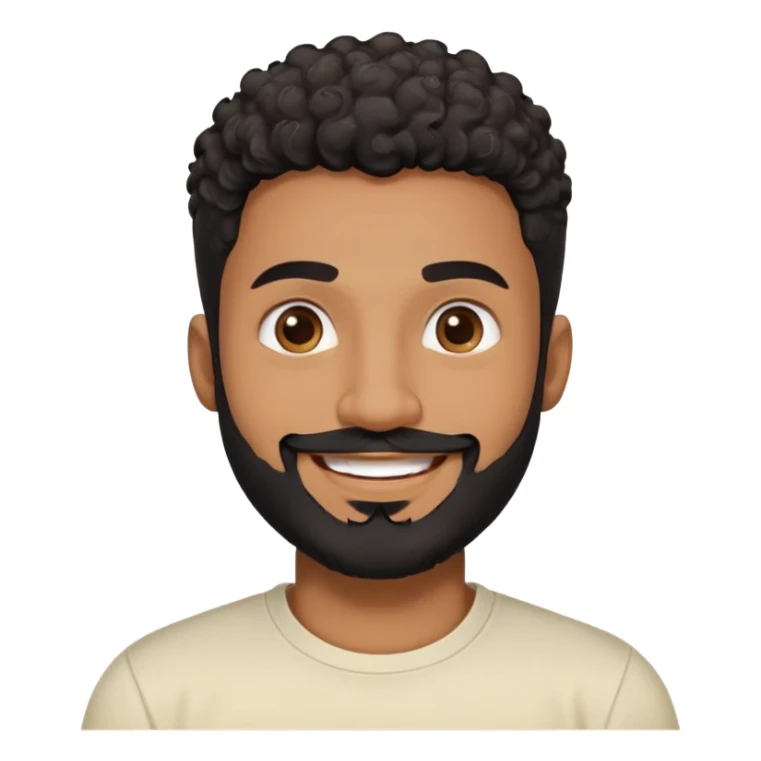 Man in his 30s with medium brown skin. Round face with friendly expression. Dark eyes with cheerful look. Thick eyebrows. Wide nose. Full black beard, well-trimmed. Short curly black hair with fade cut. Wearing a cream t-shirt. Big smile. sticker