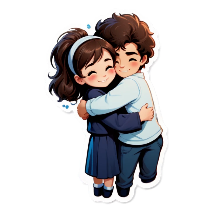 a light brunette girl and a dark brown fluffy hair boy hugging  sticker