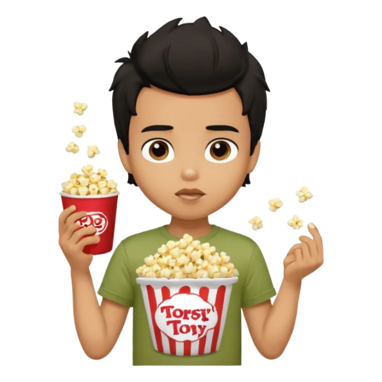 generate a pretty tan bratz boy with a brown tshirt on. eating a popcorn. messy black hair sticker