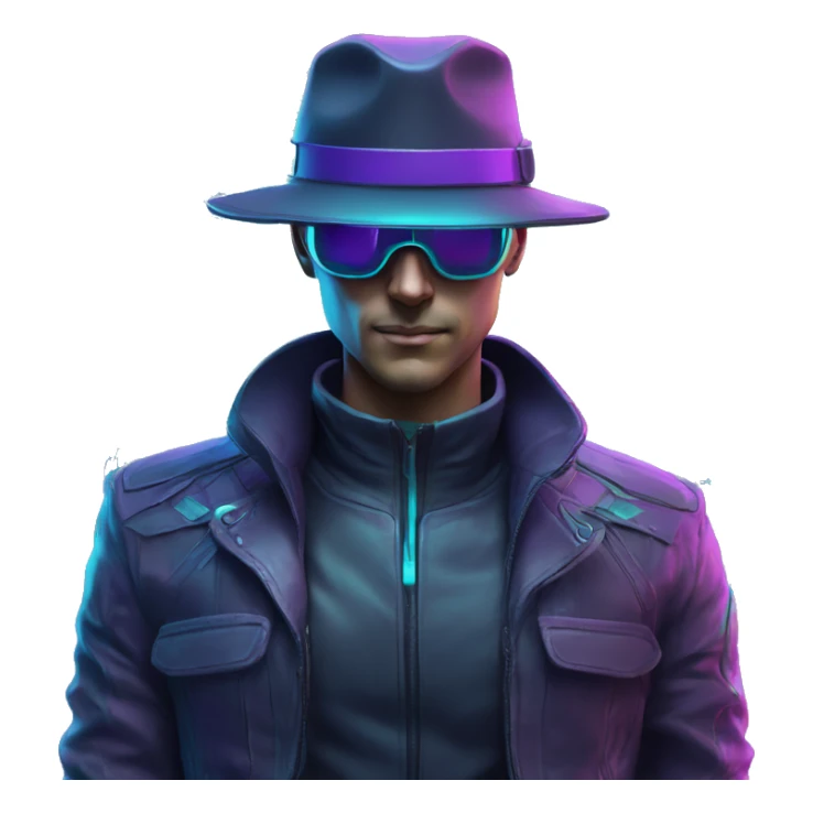 Secret human agent in a hat with  cyberpunk elements in VR googles scanning looking reviewing multicolor lines of code, cyan and purple colors, only upper body portrait sticker