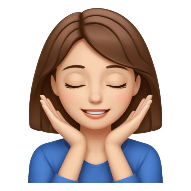 femenine smiling face posing with hands under chin, eyes closed like enjoying and brown hair  sticker