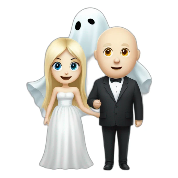 a blondie girl and a bald fat guy dressed as a ghost going to a party sticker