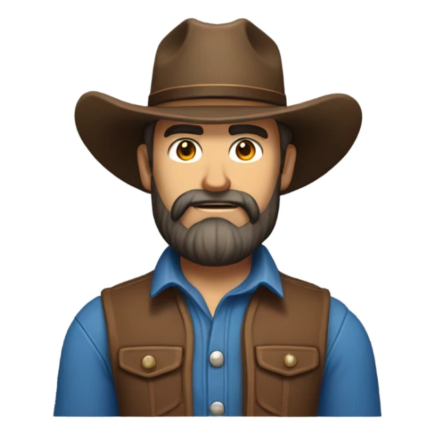 a rugged cowboy with a thick beard, wearing a blue vest over a classic western shirt. He should have a confident stance, showing full torso sticker