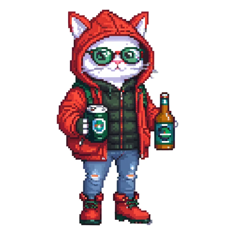 Catfish wearing red hooded winter jacket, round glasses, blue jeans, red boots, holding beer can with red label sticker