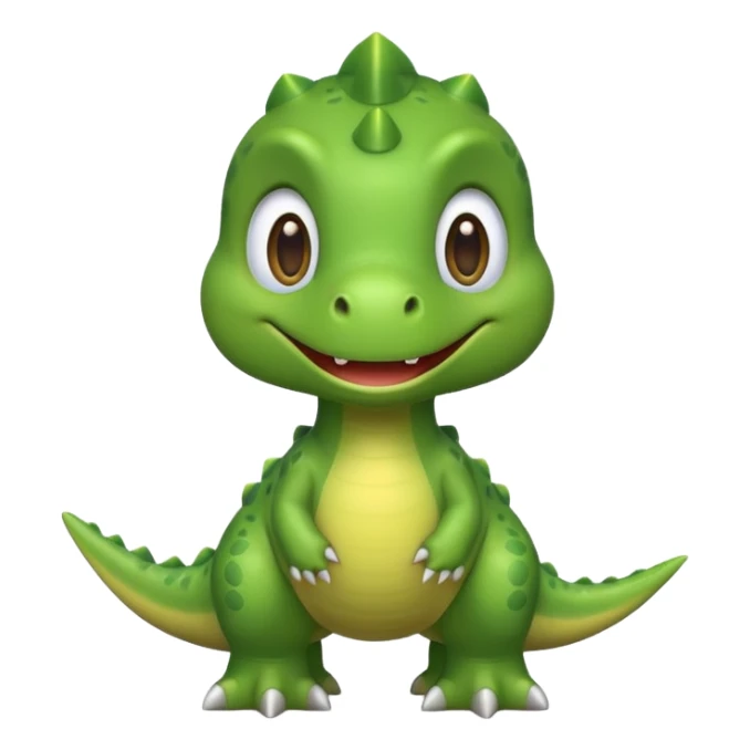 Cute green dinosaur emoji with round body, big eyes, small arms, soft shadows, smooth outlines, glossy finish, friendly smile, simple flat design, high-detail yet minimal style, perfect for emoji set, transparent background sticker