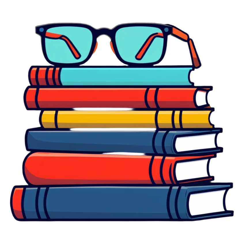 A cute stack of books with glasses resting on top sticker