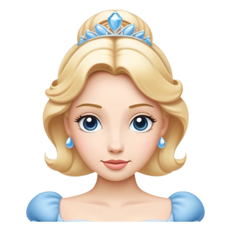 Cinematic Elegant Cinderella Portrait Emoji, rendered in a flat, vector-style with minimal shading and bold, simplified shapes. Depict Cinderella in her classic ball gown (chest and above) with fair, porcelain skin and elegantly styled blonde hair, her eyes soft and kind, and her expression serene and graceful. The design glows with a gentle, enchanting radiance and high shine, capturing the timeless beauty of a fairy tale princess. sticker