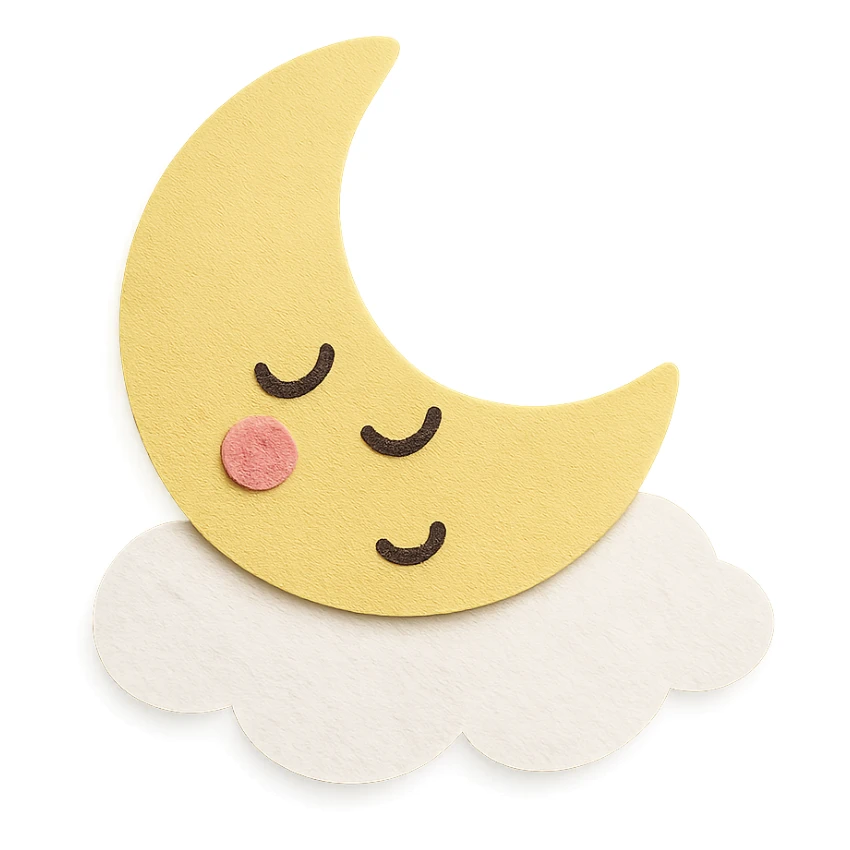 adorable pastel yellow moon, sleepy, resting on a white cloud pillow, no arms or legs, full body, kawaii paper craft style sticker