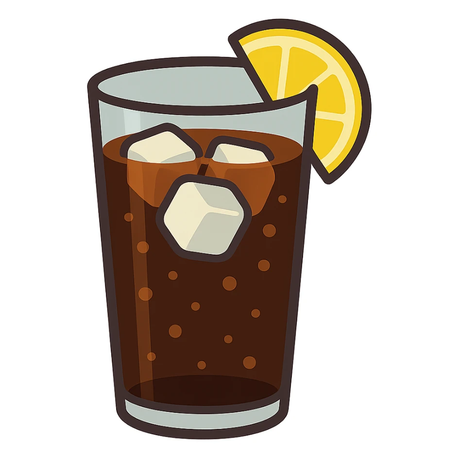 flat toon glass of cola with 3 ice cubes and a wedge of lemon sticker
