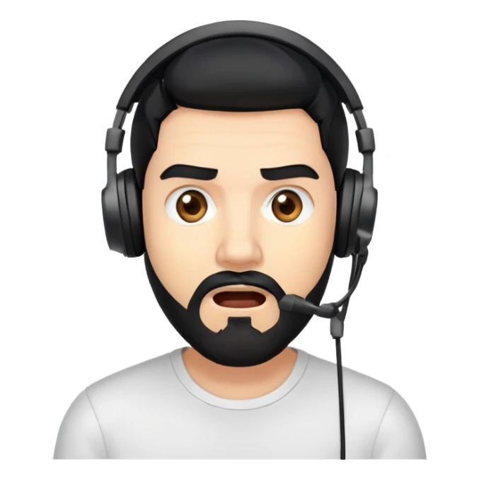 Shocked man with black hair, brown eyes, black beard wearing a gaming headset sticker