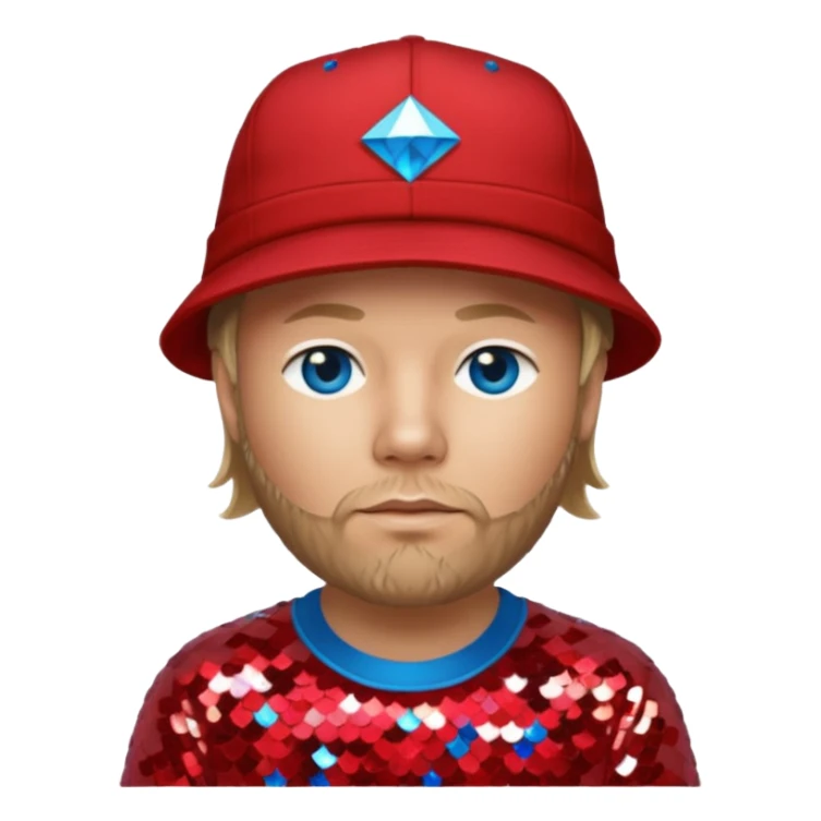 Fred Durst with long dark blonde hair, red sequin shirt and hat, blue eye sticker