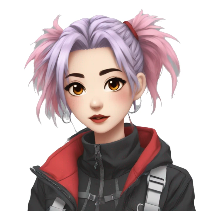 Gorgeous pastel bright techwear anime style lady with blushing face aesthetic and pretty edgy black red white punk messy hair with collar and harness trending style sticker