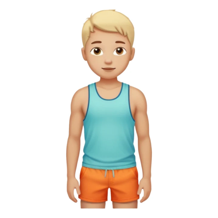 Emoji-style person in beach shorts with sunburned shoulders and chest, tank top outline, cute rounded features, soft shading, vibrant colors sticker
