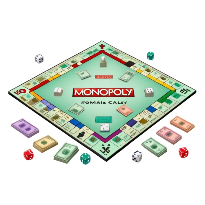A photorealistic icon featuring a Monopoly board with property spaces, colorful game tokens, dice, and stacks of money. The design includes detailed textures of the board, cards, and tokens, capturing the essence of the Monopoly game. Transparent background, symbolizing Monopoly and board games. sticker