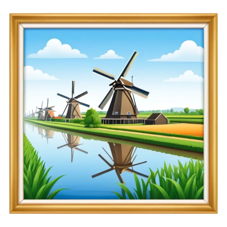 Cinematic Realistic Kinderdijk Windmills Landmark Emoji, showcasing traditional Dutch windmills aligned along a tranquil canal, with lush green fields, soft ripples in the water. sticker