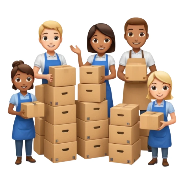Generate a realistic emoji-style icon workers in a stoage room being efficient while packing sticker