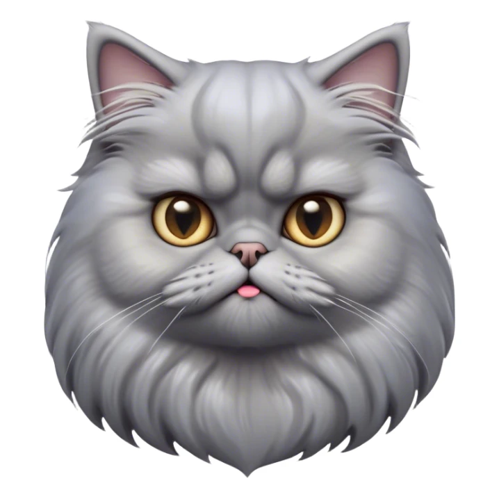 Cinematic Derpy grumpy comical Grey Persian Cat Portrait Emoji, Head tilted playfully with an adorably awkward expression, fluffy grey fur with soft silver undertones, Simplified yet hilariously derpy features, highly detailed, glowing with a warm but slightly confused glow, high shine, a mix of lazy and clueless, stylized with a touch of whimsy, bright but with a completely derpy and grumpy face, soft glowing outline, capturing the essence of a quirky yet chubby, grumpy kitty, so endearing it feels like it could stretch out of the screen and demand attention with its wonderfully derpy charm! sticker