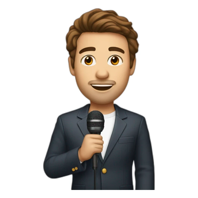  men with brown hair and light skin with microphone stand in front of him with show spotlights on a stage sticker