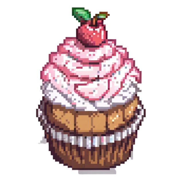 pixel art cupcake with pink icing and a cherry on top sticker