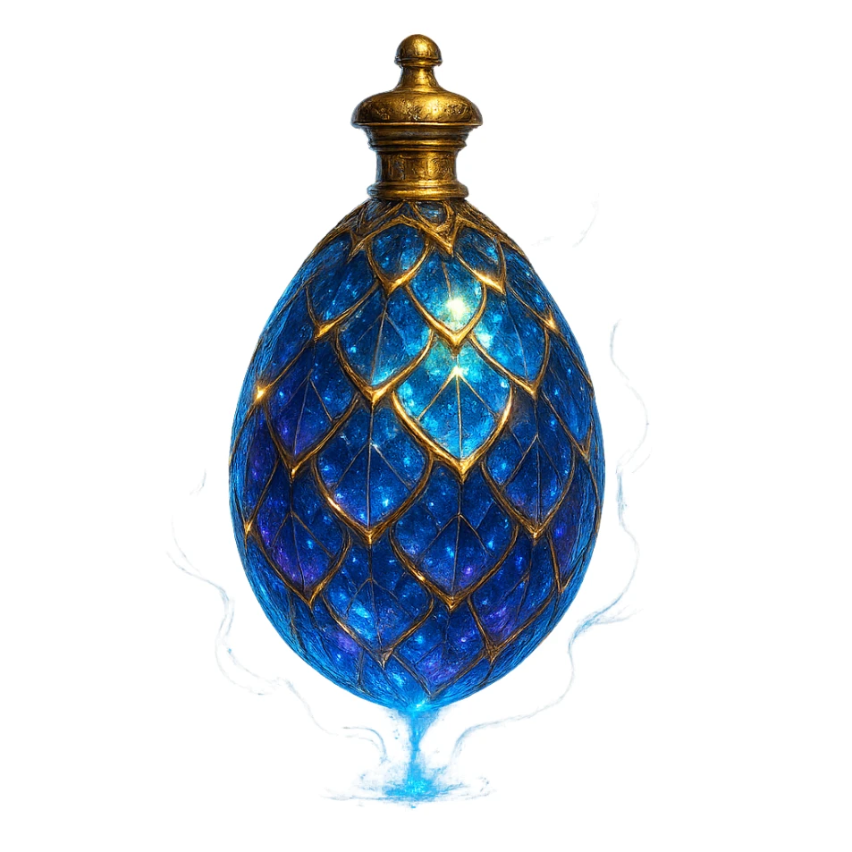 luxurious crystal elixir bottle in an oval shape resembling a dragon egg, with magical scale patterns on the surface, lots of glowing highlights, edges, and ornate golden details, magical effects, very small golden neck, transparent background, beautiful merging base, clearly hanging in the air without base or shadow, premium class impression, magical and mysterious design fitting a collection of crystal, luxurious, magical bottles sticker