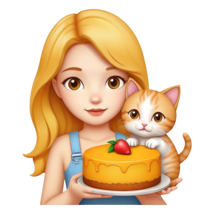 Beautiful girl holding a big mango cake and a kitten in her hands sticker