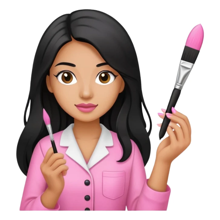 Pink Nail Tech with black long hair holding small acrylic brush sticker