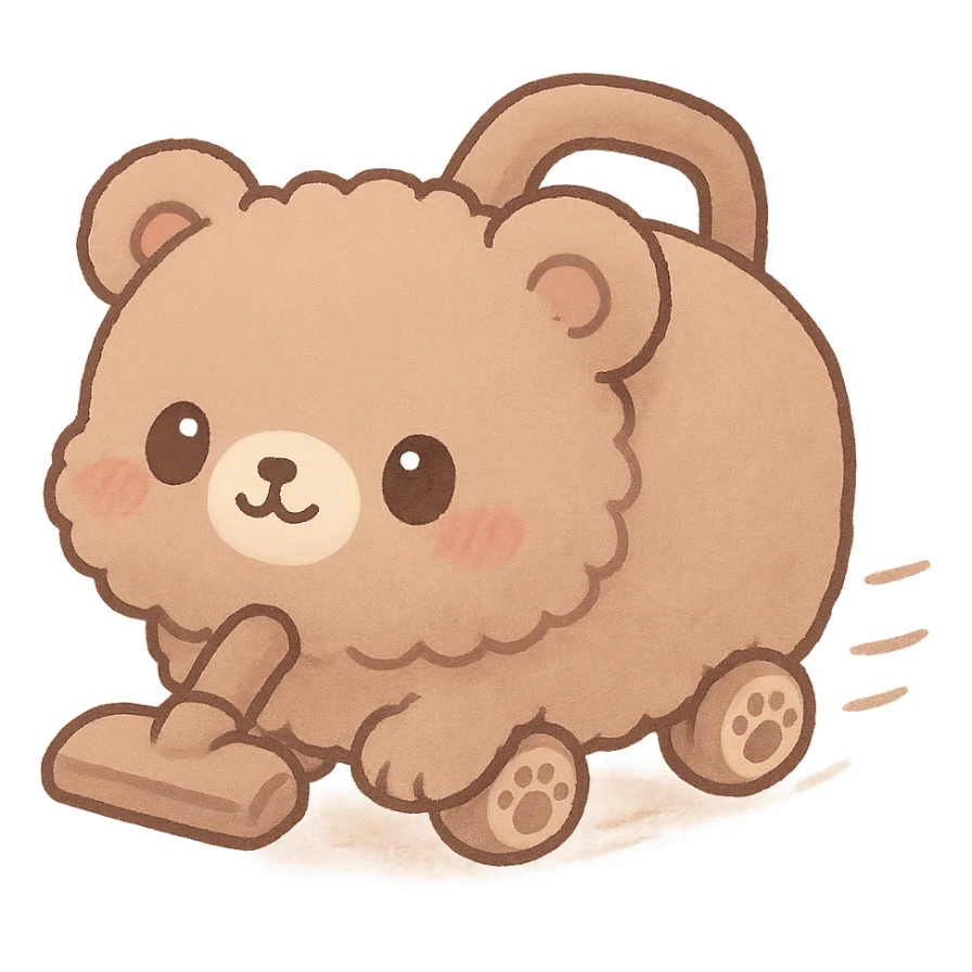 kawaii chibi fluffy bear vacuum cleaner with tiny paw wheels, rolling adorably, soft brown pastel, full-body sticker