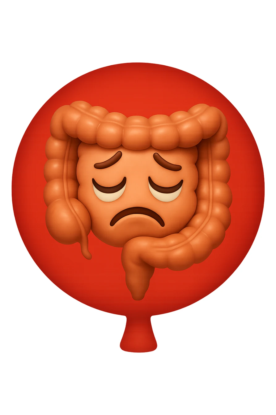 EMOJI STILE IPHONE 3D DI INTESTINO 3D CON ESPRESSIONE TRISTE  IN VOLTO CHIUSO IN UN PALLONCINO ROSSO, FAGLI ANCHE LA PARTE BIANCA DEGLI OCCHI, NON SOLO LA PUPILLA sticker