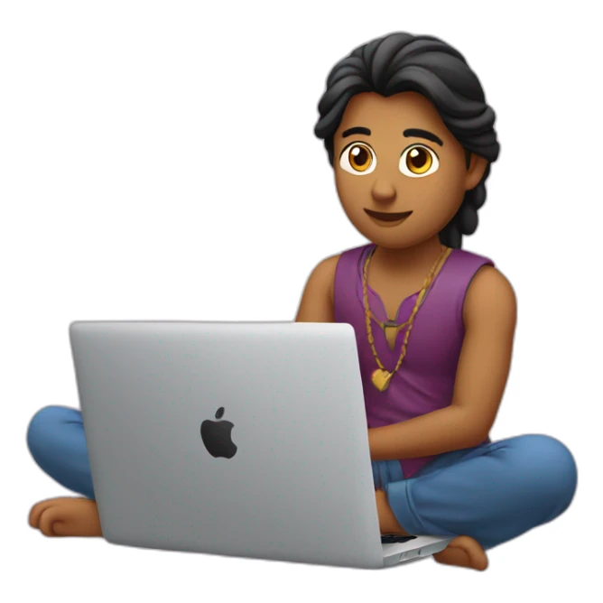 an indian 23 year old sitting infront of a macbook pro sticker