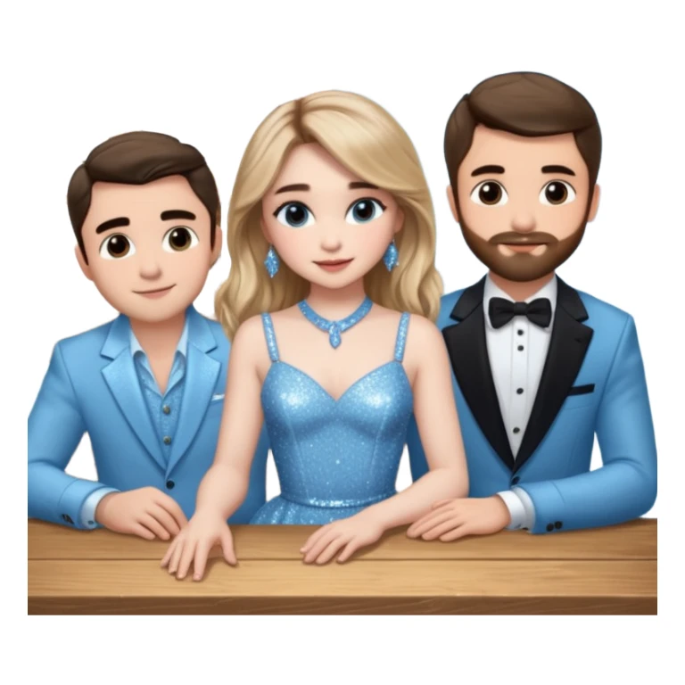 Sabrina carpenter in a light blue sparkly dress at a table with 3 handsome men, and she is standing up reaching over  sticker