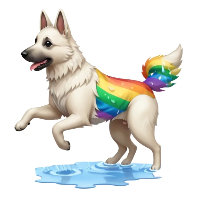 White belgian Shepard jumping over Rain puddles. There is a rainbow in the sky sticker