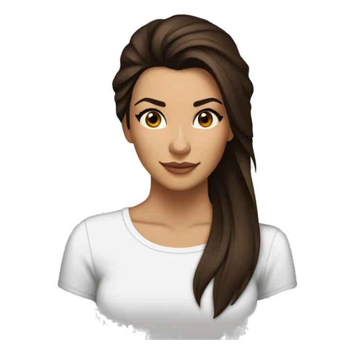 3/4 face, contrasted, shadow, light, Eva Longoria expression, thin nose, brunette woman, hazel eyes, long eyelashes, dark shoulder shaded hair, white t-shirt sticker