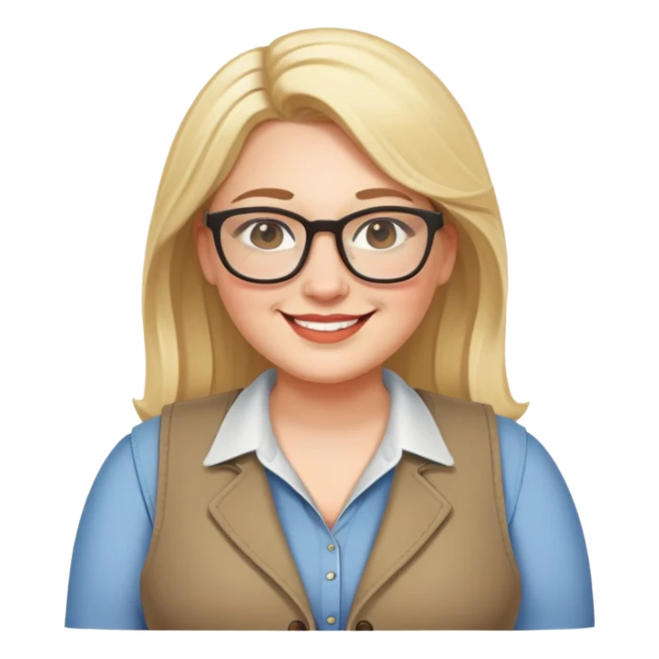 Plus size blonde woman wearing glasses and a vest, friendly smile sticker