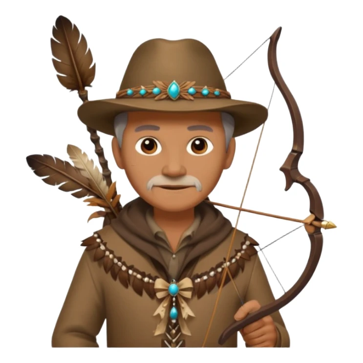 The classic image of a middle-aged uncle hunter carrying a bow, dressed in brown clothes, with some ornaments made of feathers, bones or teeth on his body. sticker