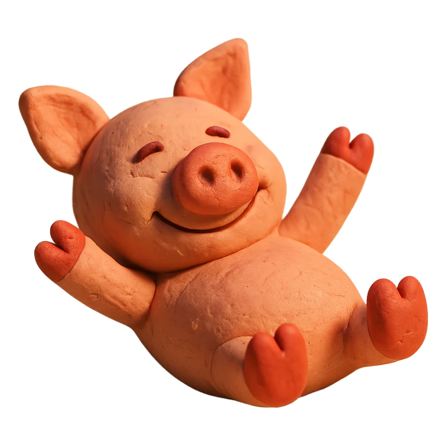 pig lying on its back, smiling, soft lighting, vibrant colors, claymation style sticker