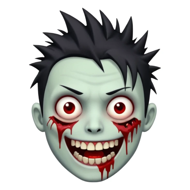 zombie boy with emo spiky hair, white skin, and white eyes; an open smile, and bloodied teeth; sticker