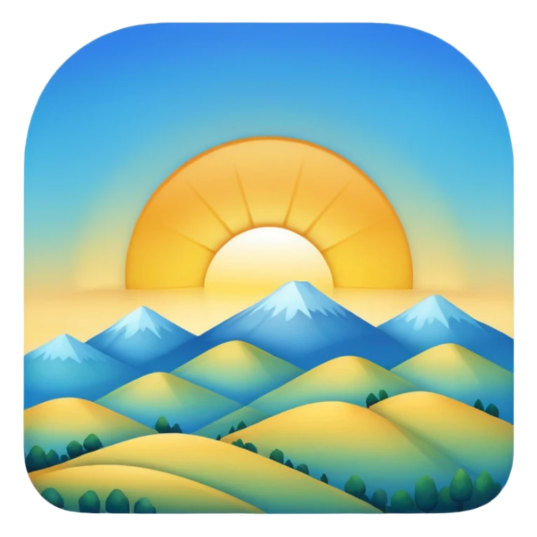 sun peeking above hills, early morning light, blue and yellow gradient sky sticker