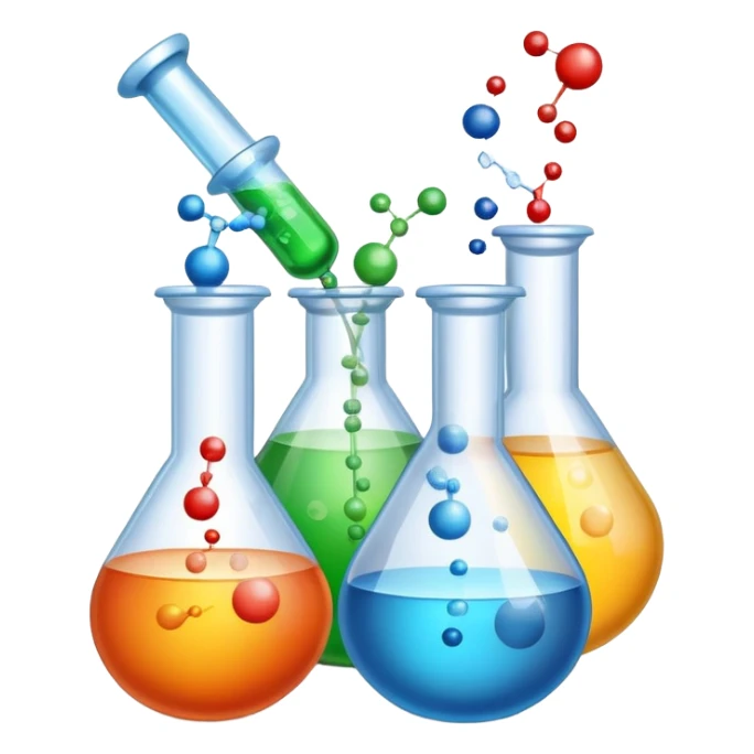 An icon featuring chemical flasks with tubes, representing hydrolysis, along with liquids, powders, and chemical formulas. The design includes molecules and reaction symbols, symbolizing the study of chemical processes and compounds. Transparent background highlights the science of reactions. sticker