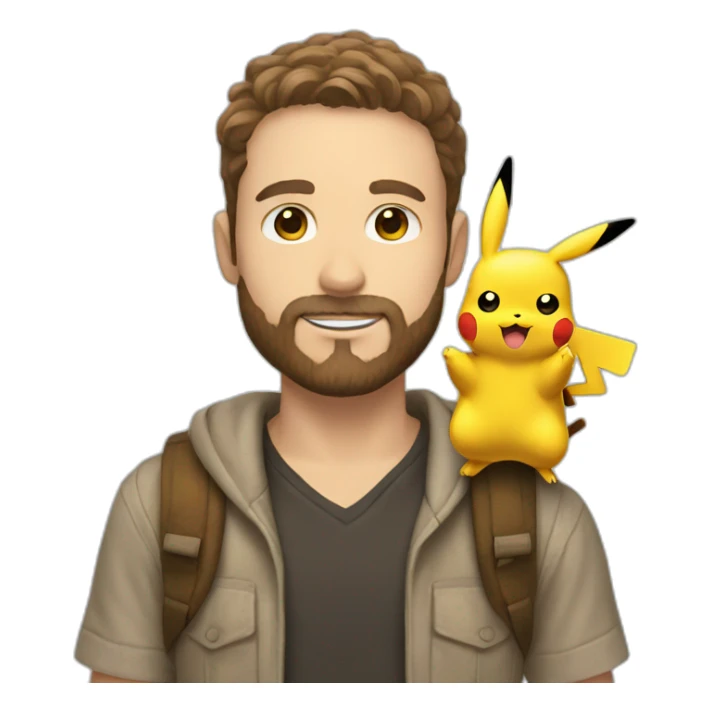 white man with brown hair and beard holding a pikachu pokemon sticker