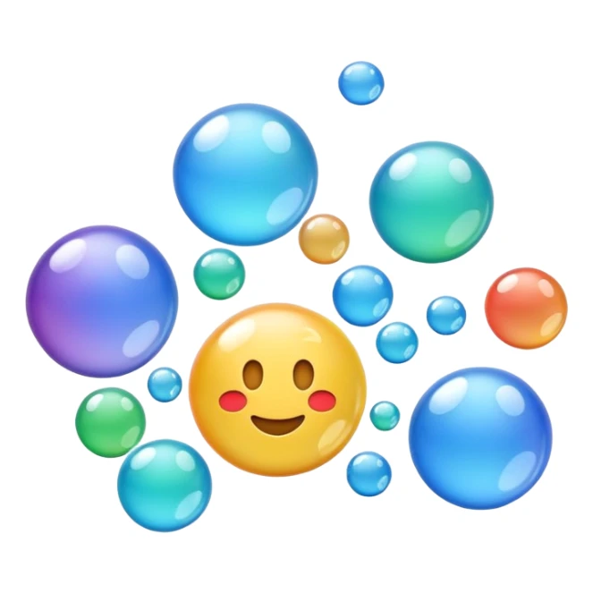 3D iPhone style emoji of free-floating bubbles, scattered randomly in the air, translucent and shiny, various sizes, not contained in any circle, isolated on white background, soft shadows, high detail, NO FACE sticker