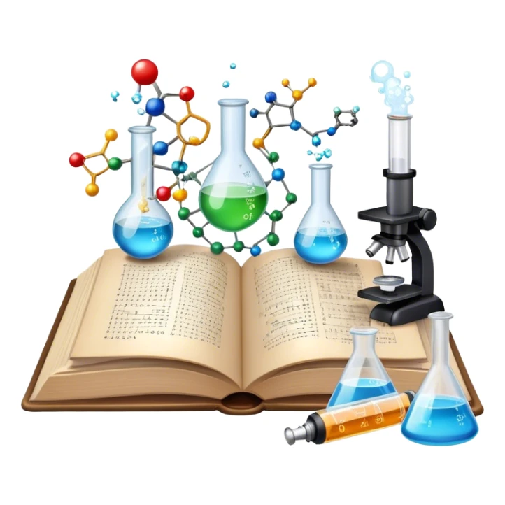 Icon for Scientific and Educational Reading: an open book with mathematical and physical formulas on the pages, with molecules and atoms flying out. On the desk are test tubes, flasks, and a microscope. Transparent background. sticker
